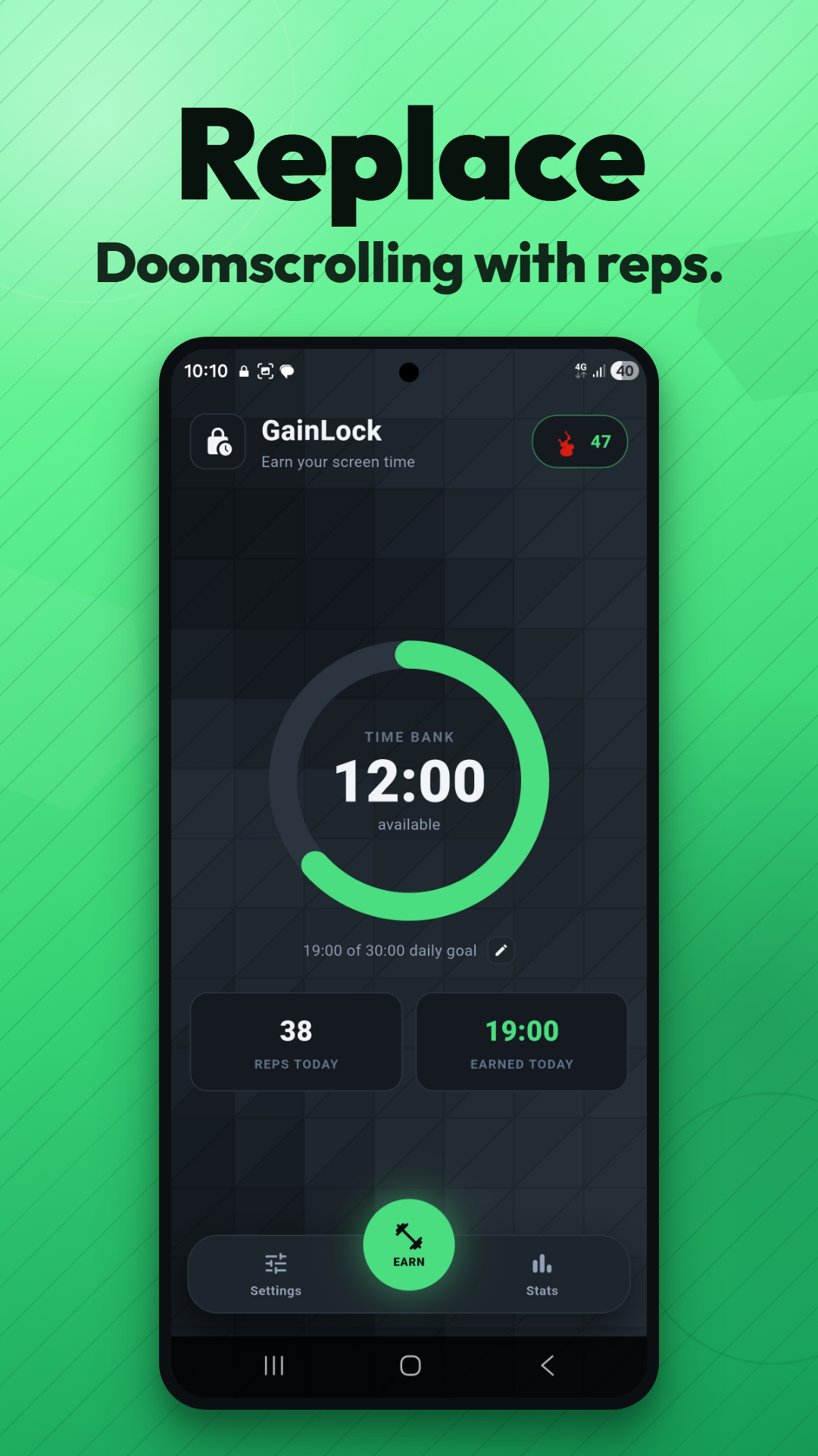 GainLock time bank dashboard showing earned screen time