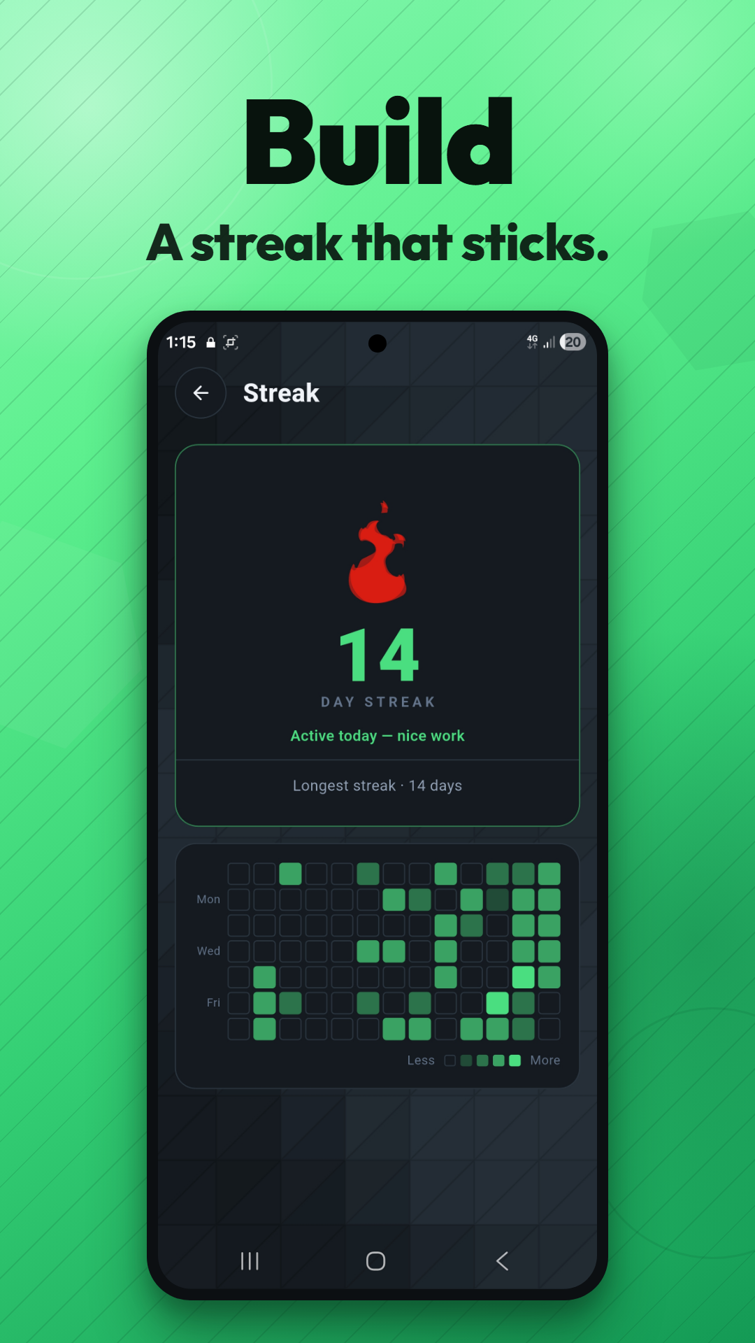 GainLock streak history and activity heatmap